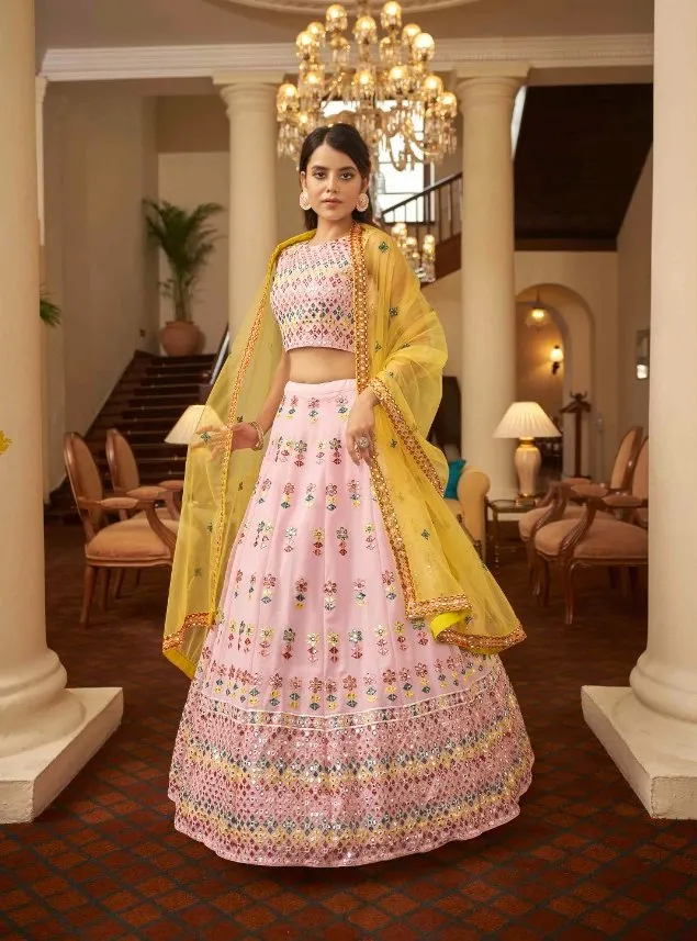 Beautiful Baby Pink colored printed Lehenga Set - Rent