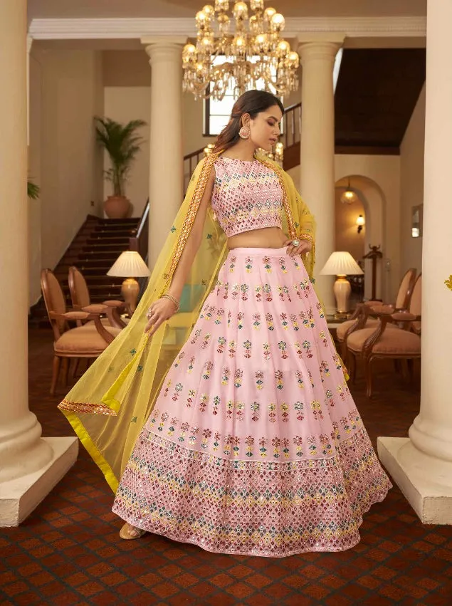 Beautiful Baby Pink colored printed Lehenga Set - Rent