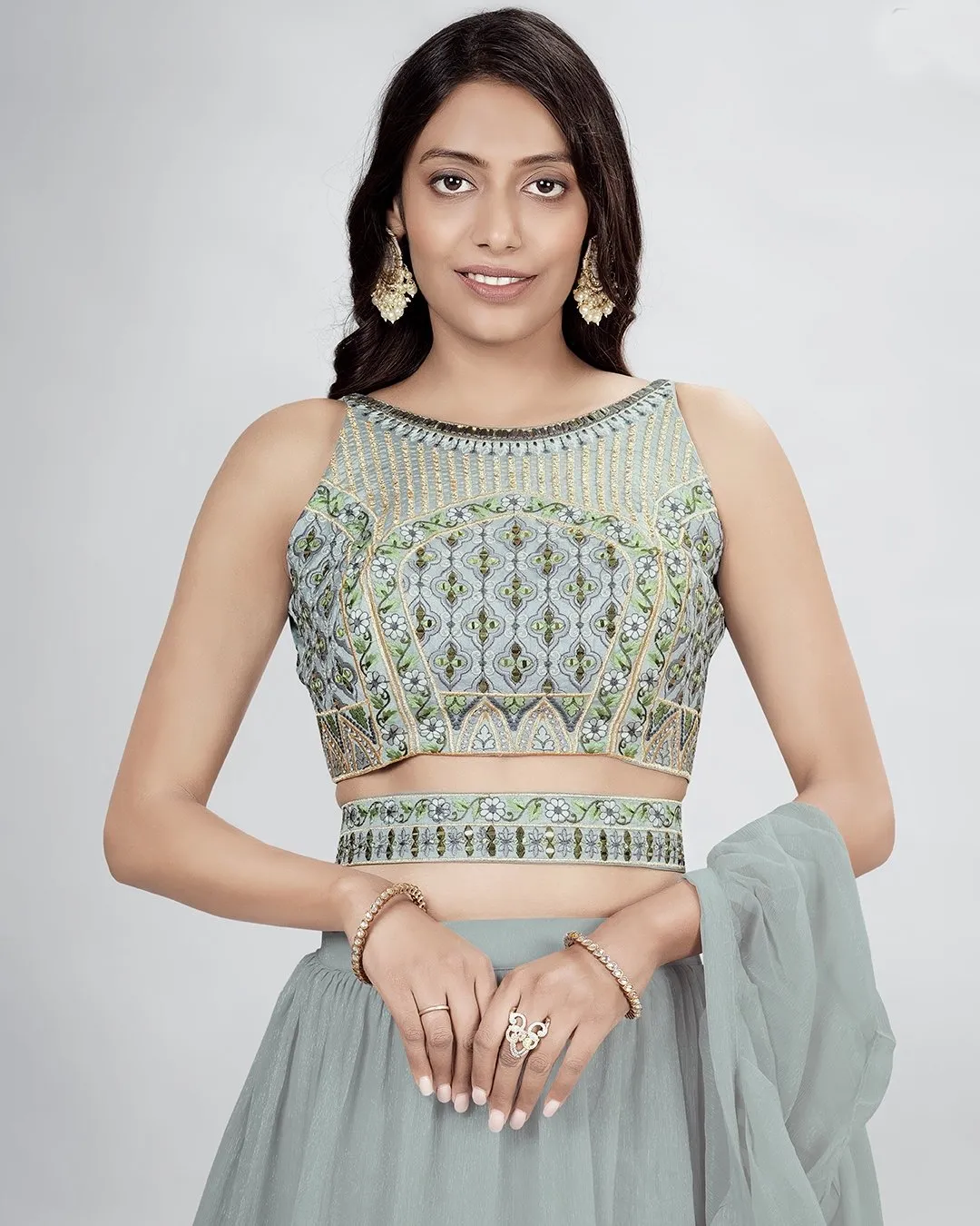 Beautiful Grey colored printed Lehenga Set - Rent