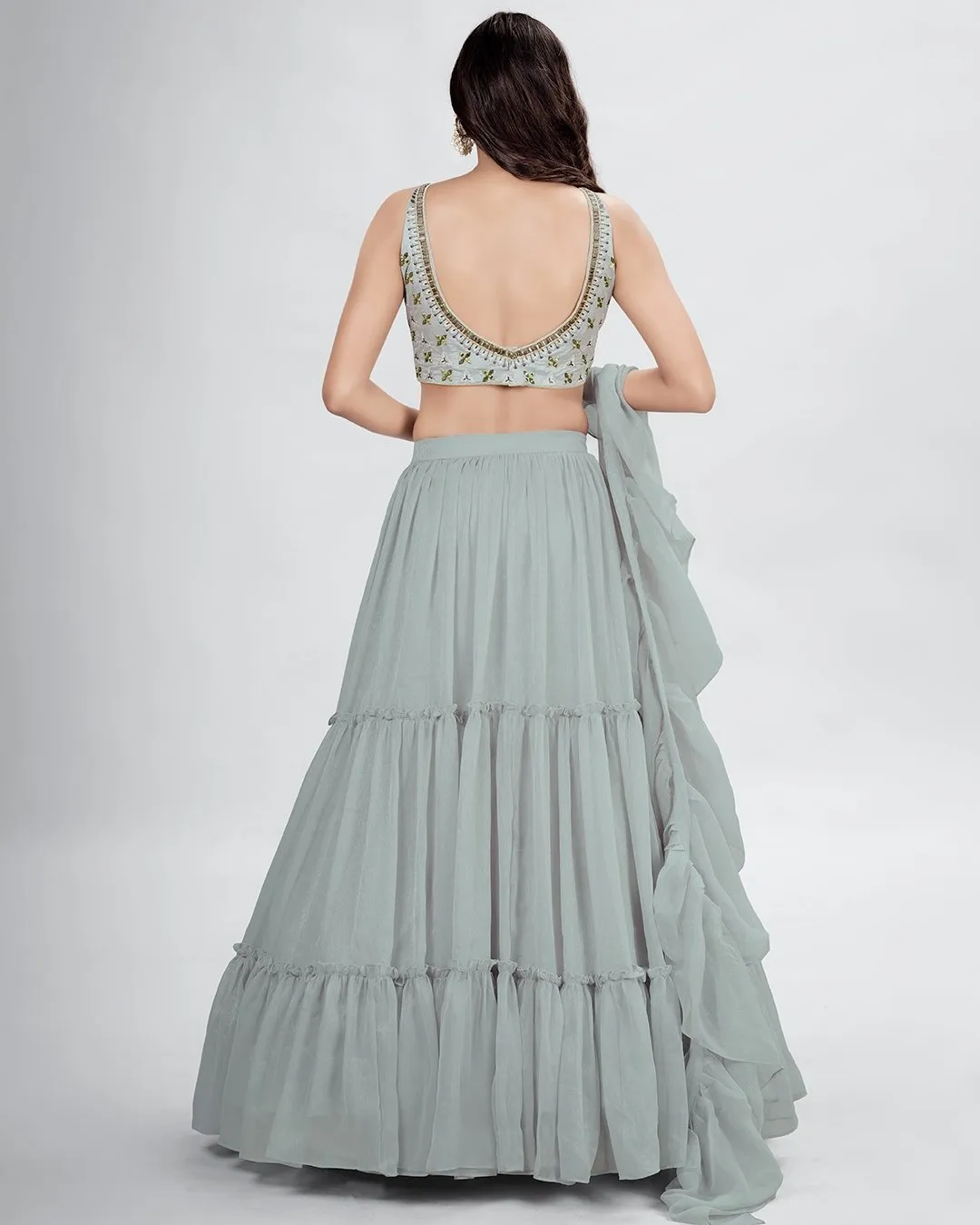 Beautiful Grey colored printed Lehenga Set - Rent