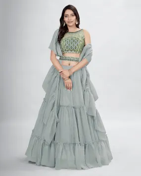 Beautiful Grey colored printed Lehenga Set - Rent