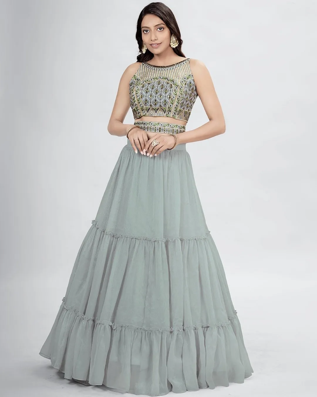 Beautiful Grey colored printed Lehenga Set - Rent