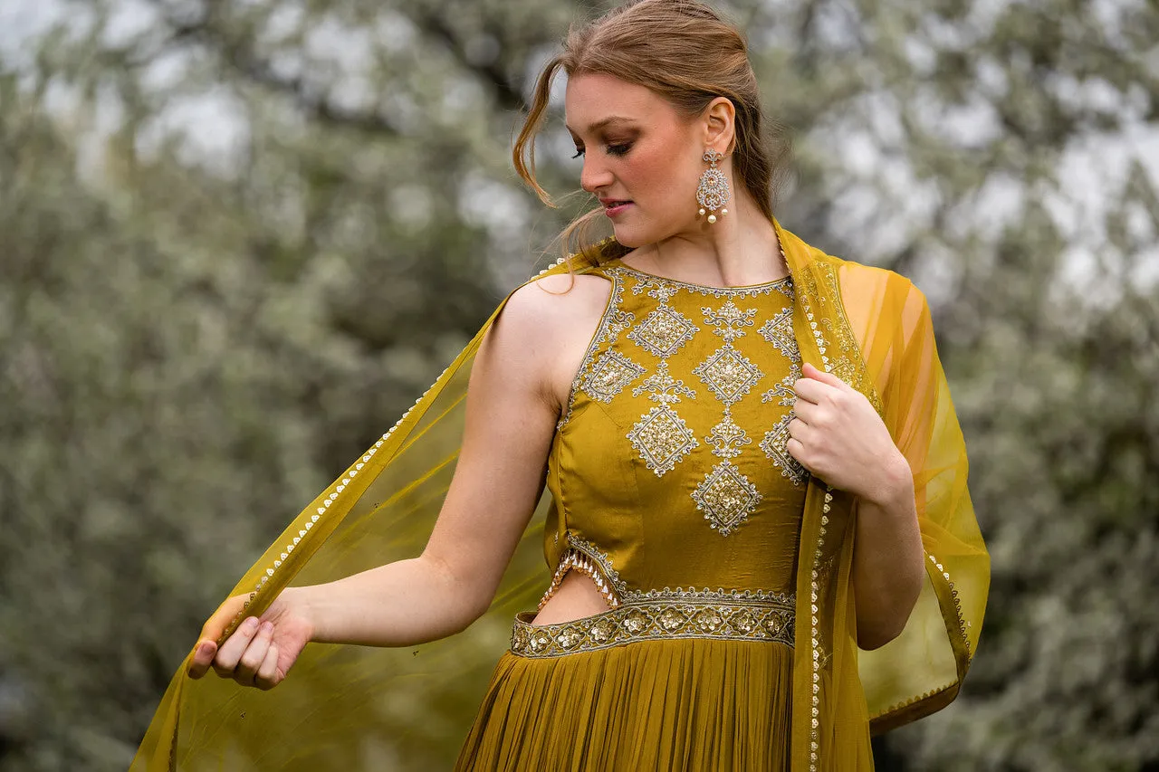 Beautiful Lemon Green Colored Anarkali Set - Clearance