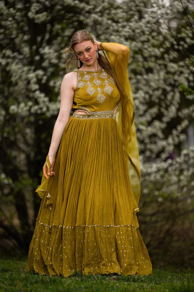 Beautiful Lemon Green Colored Anarkali Set - Clearance