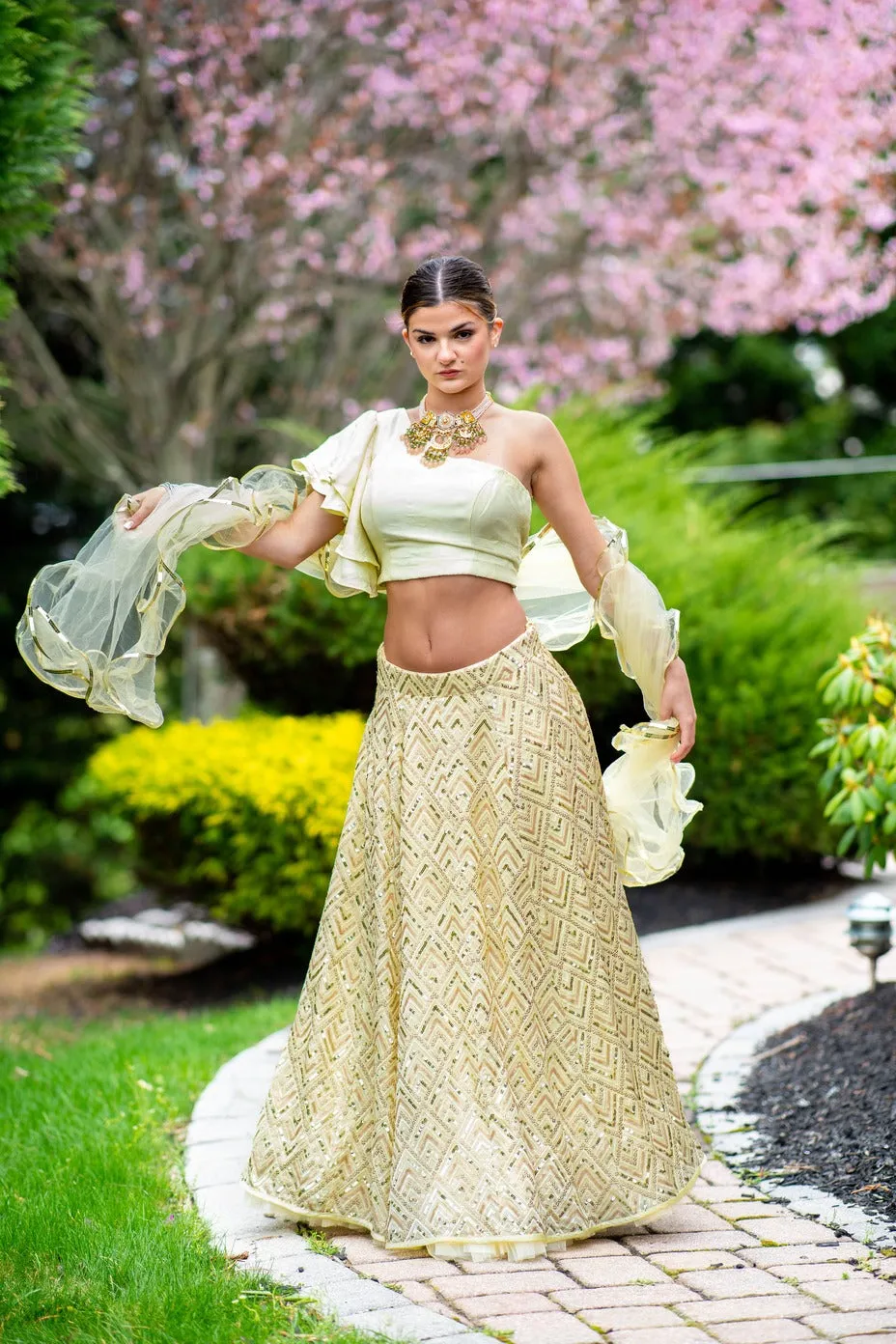 Beautiful Lemon Yellow One Shoulder Lehenga Set - Clearance