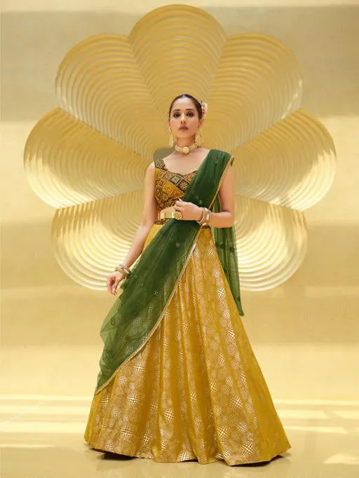 Beautiful Yellow and Green colored printed Lehenga Set - Rent