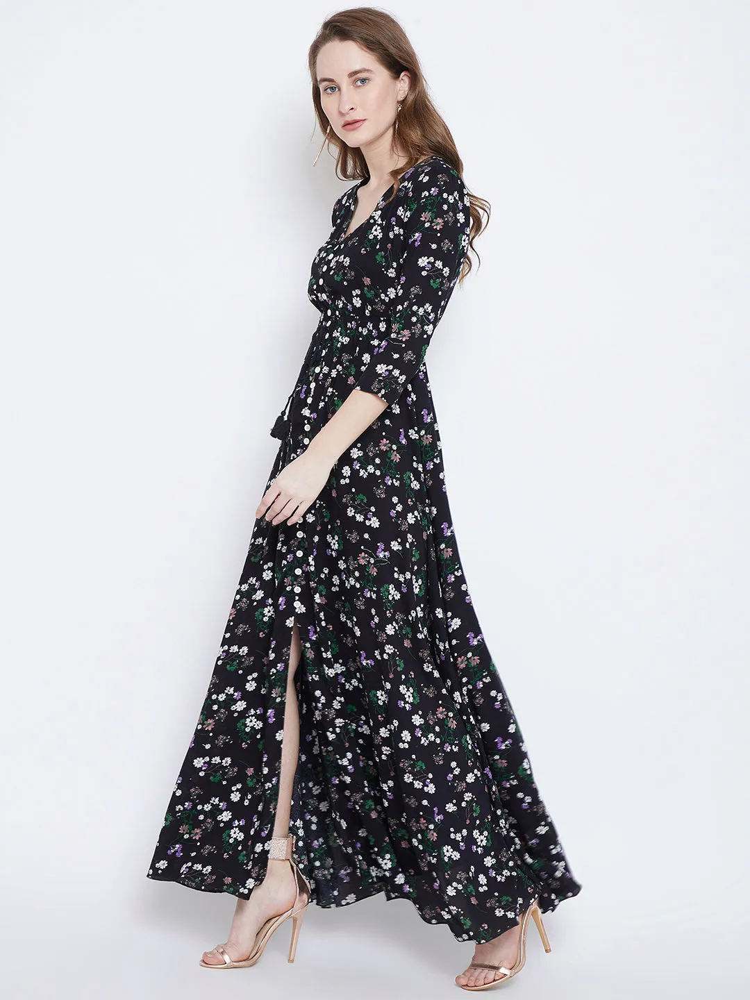 Berrylush Women Black & White Floral Printed V-Neck Thigh-High Slit Smocked Maxi Dress