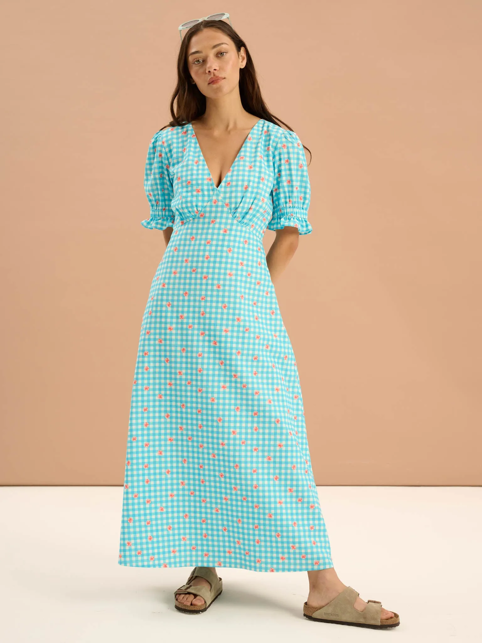 Beverley Floral Gingham Printed Frill Cuff Midi Dress in Blue