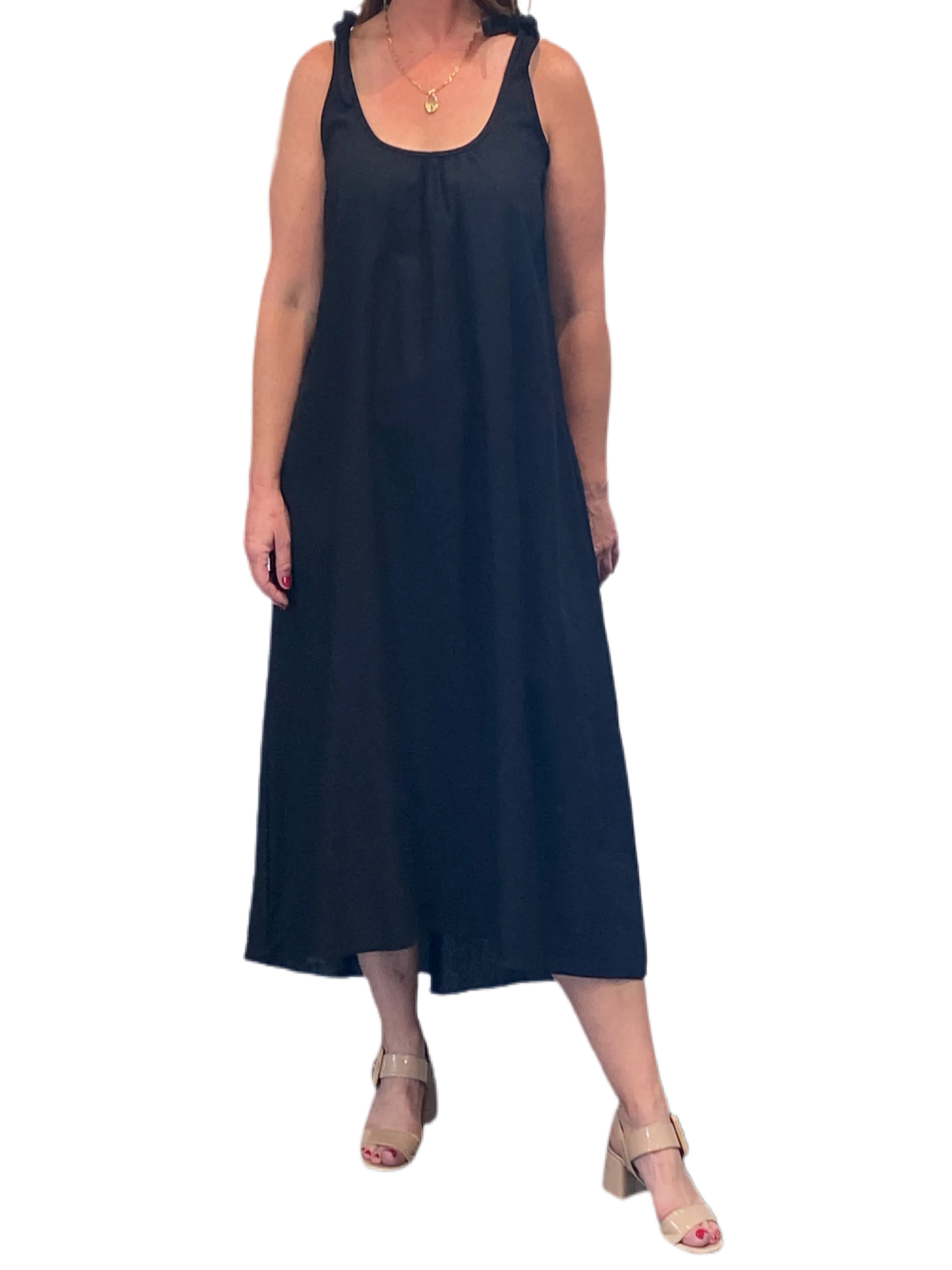 Black linen blend  tie shoulder dress