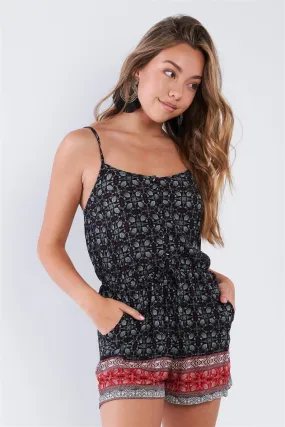 Black Red Cami Button Down Boho Romper