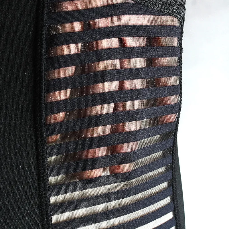 Black Striped Mesh Workout and Yoga Leggings with Ruching and Elastic Waistband Anna_sale