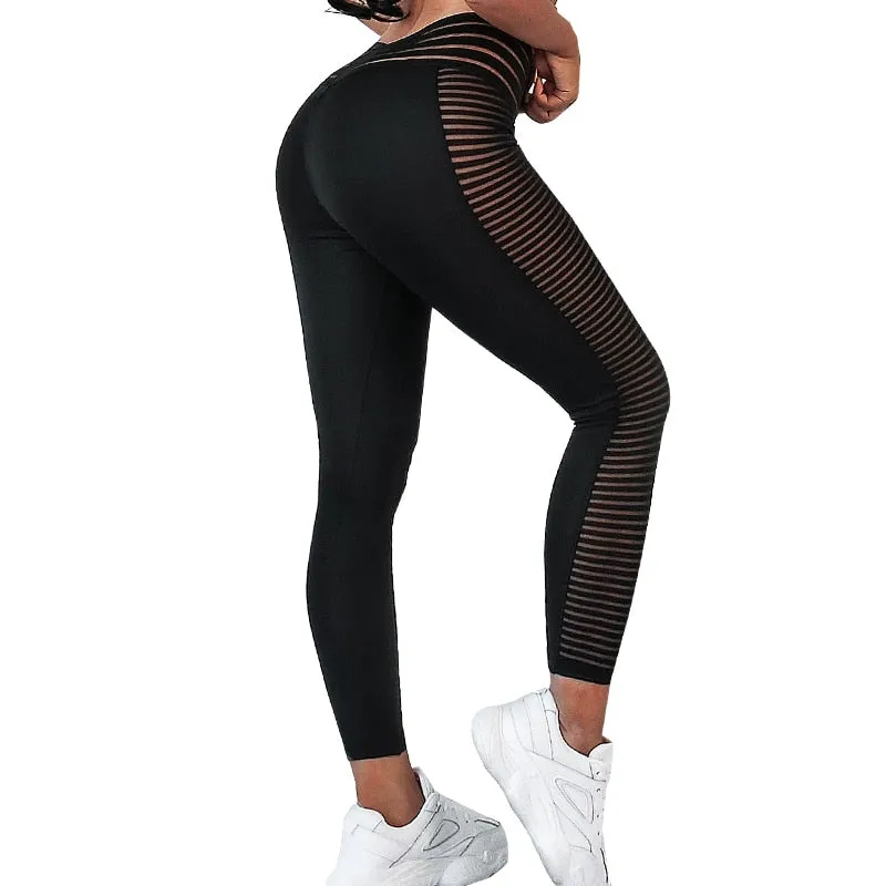 Black Striped Mesh Workout and Yoga Leggings with Ruching and Elastic Waistband Anna_sale