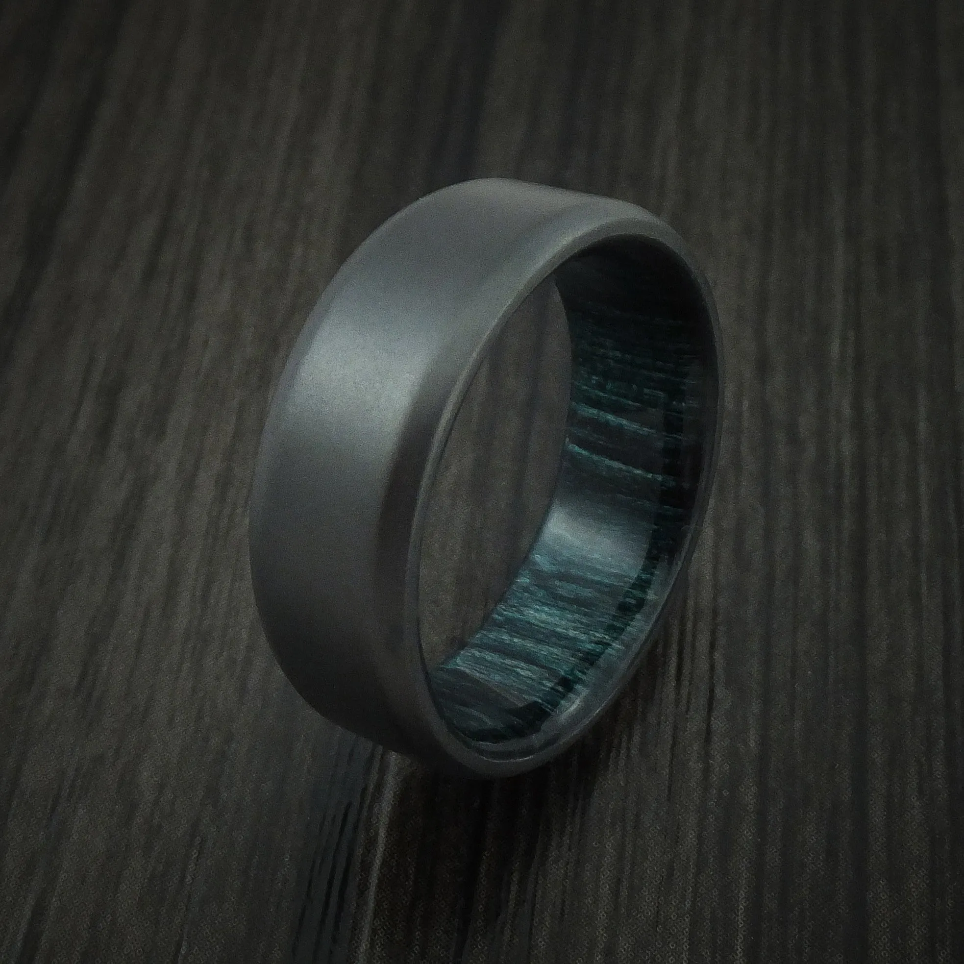 Black Zirconium and Indigo Wood Hard Wood Sleeve Men's Ring Custom Made