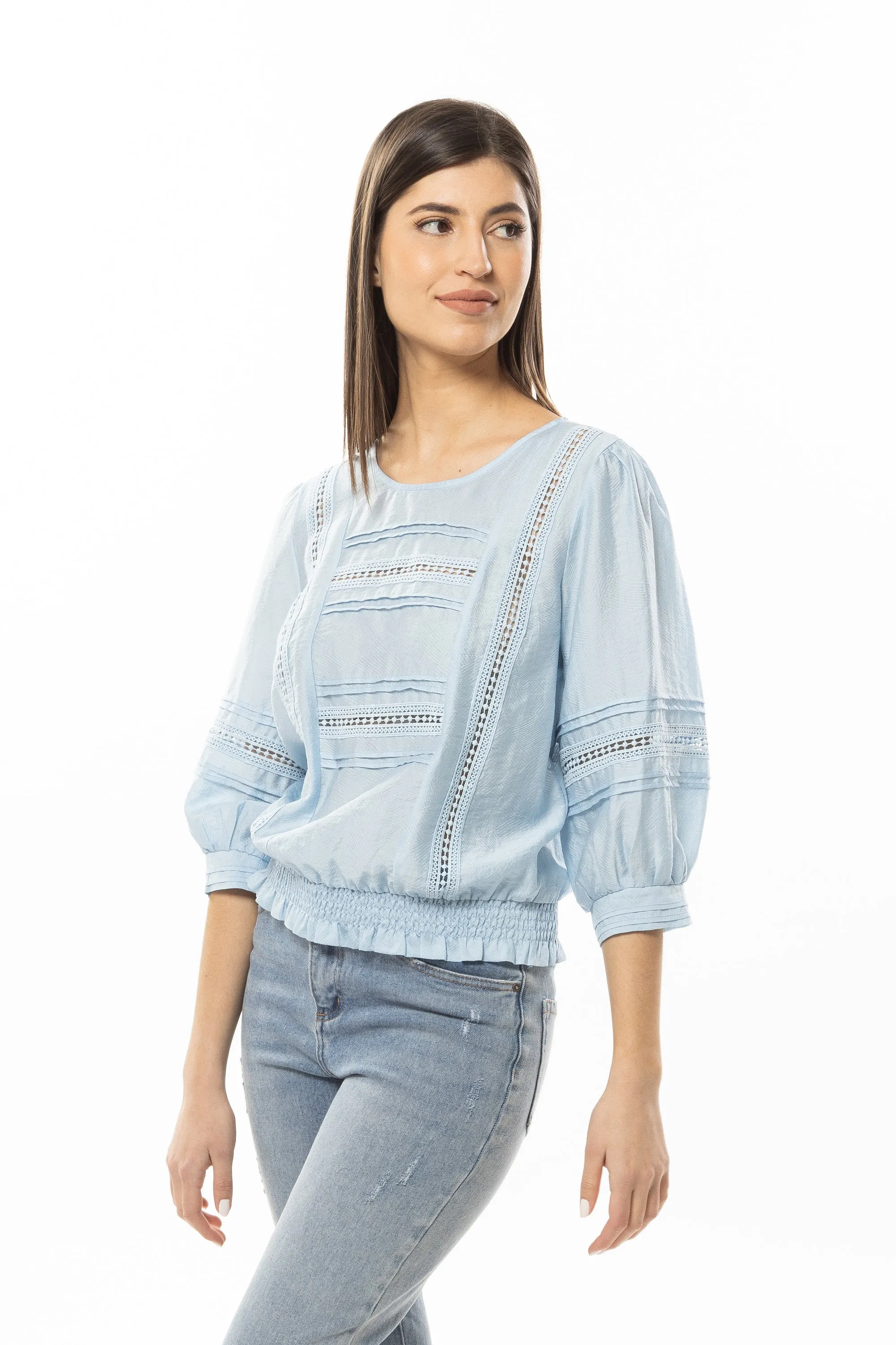 Blessed Powder Blue Texture Mid Sleeve Lace Top