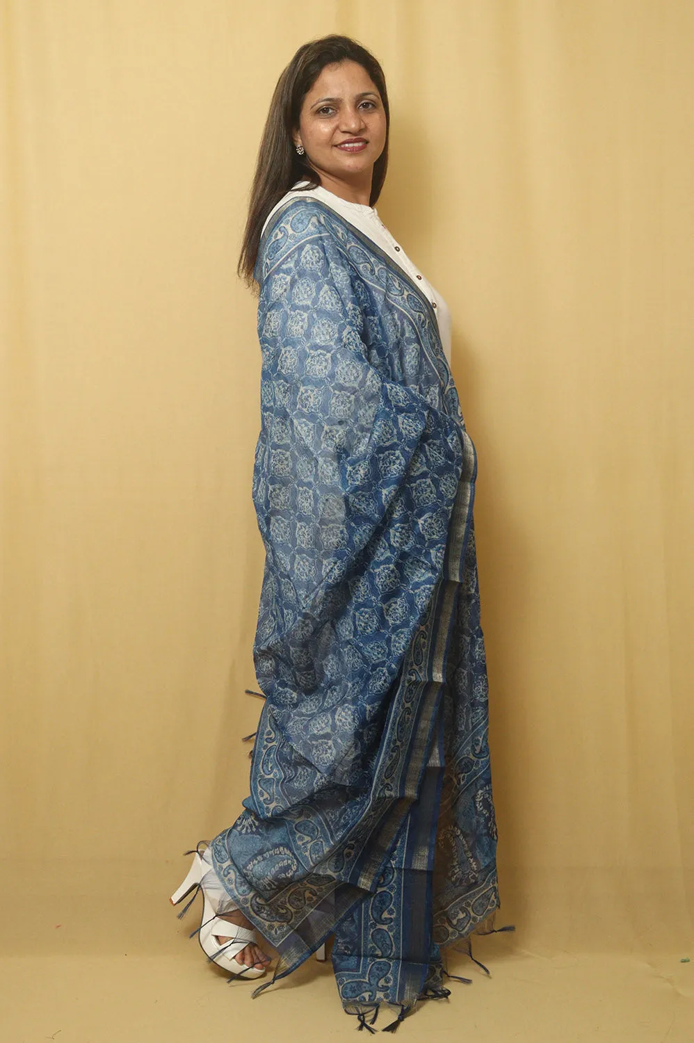 Block Printed Blue Chanderi Silk Dupatta - Stylish and Elegant