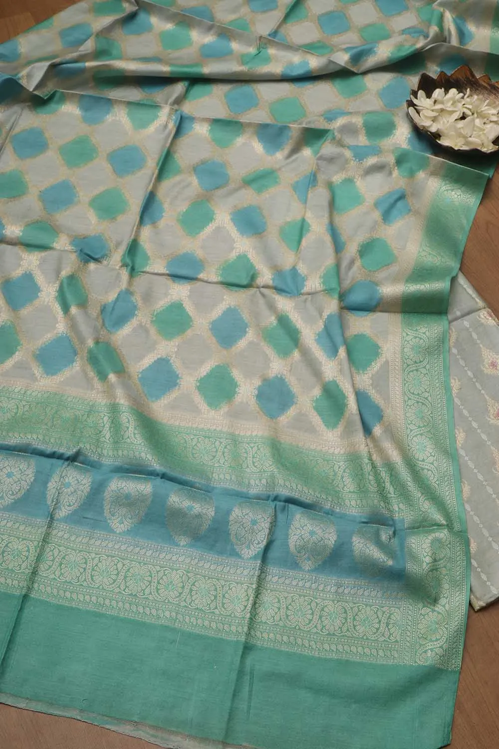 Blue Banarasi Chanderi Silk Brush Dye Three Piece Unstitched Suit Set