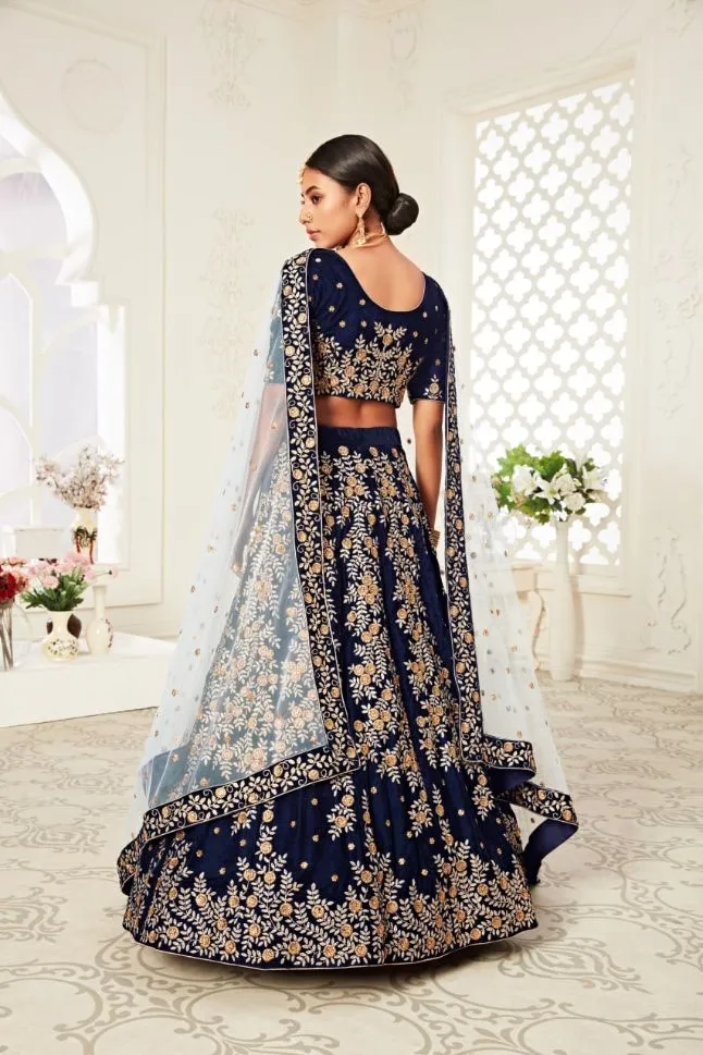 Blue Color Velvet Embroidery Lehenga - Rent