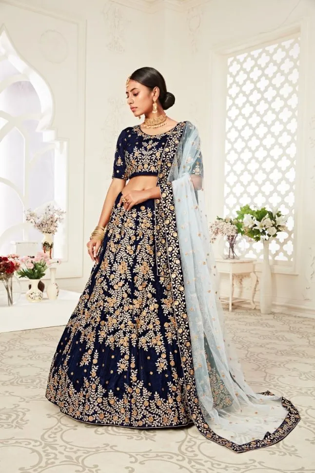 Blue Color Velvet Embroidery Lehenga - Rent