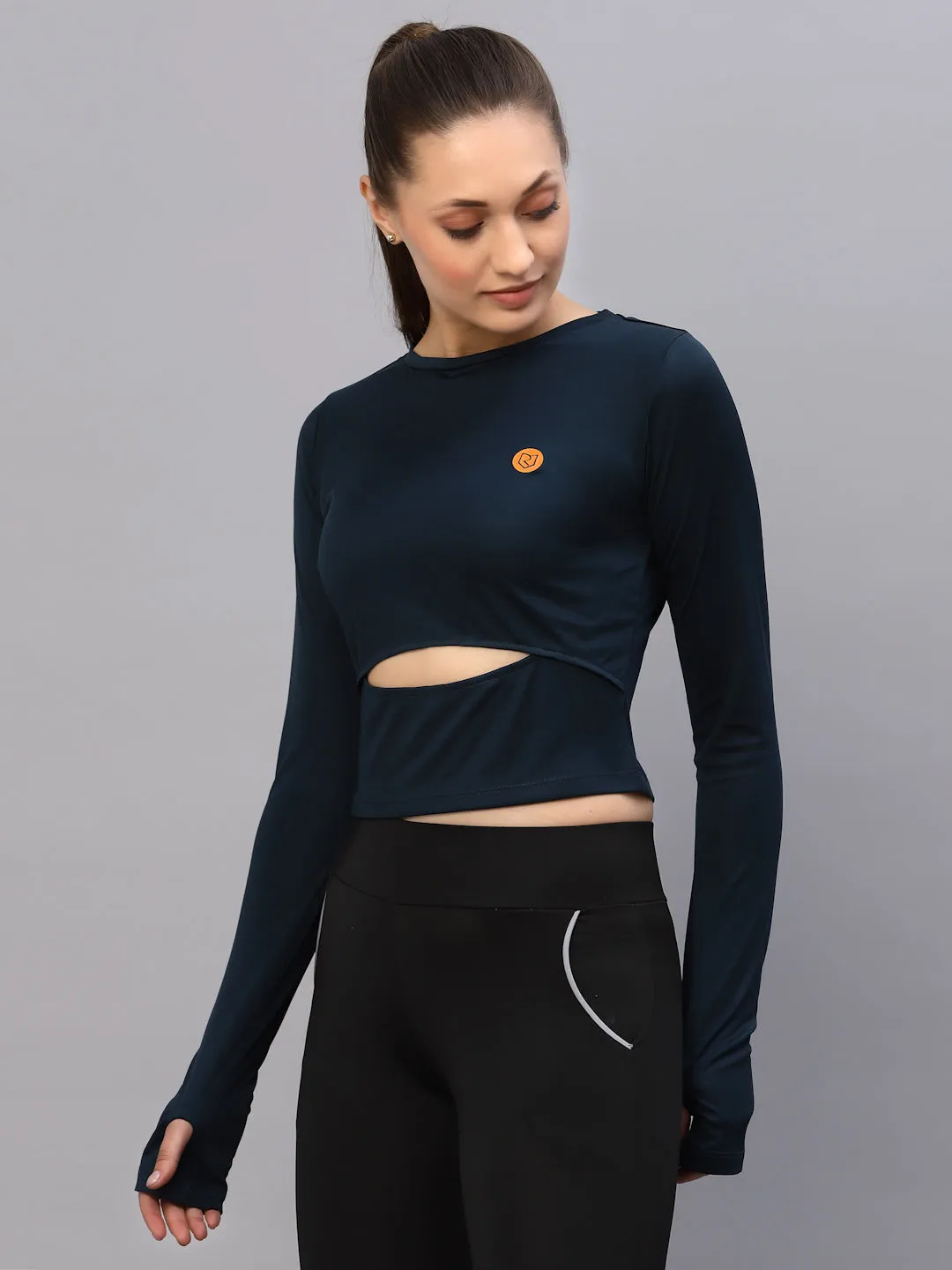 Blue Cut-Out Waist Round Neck Full Sleeve Activewear Crop Top