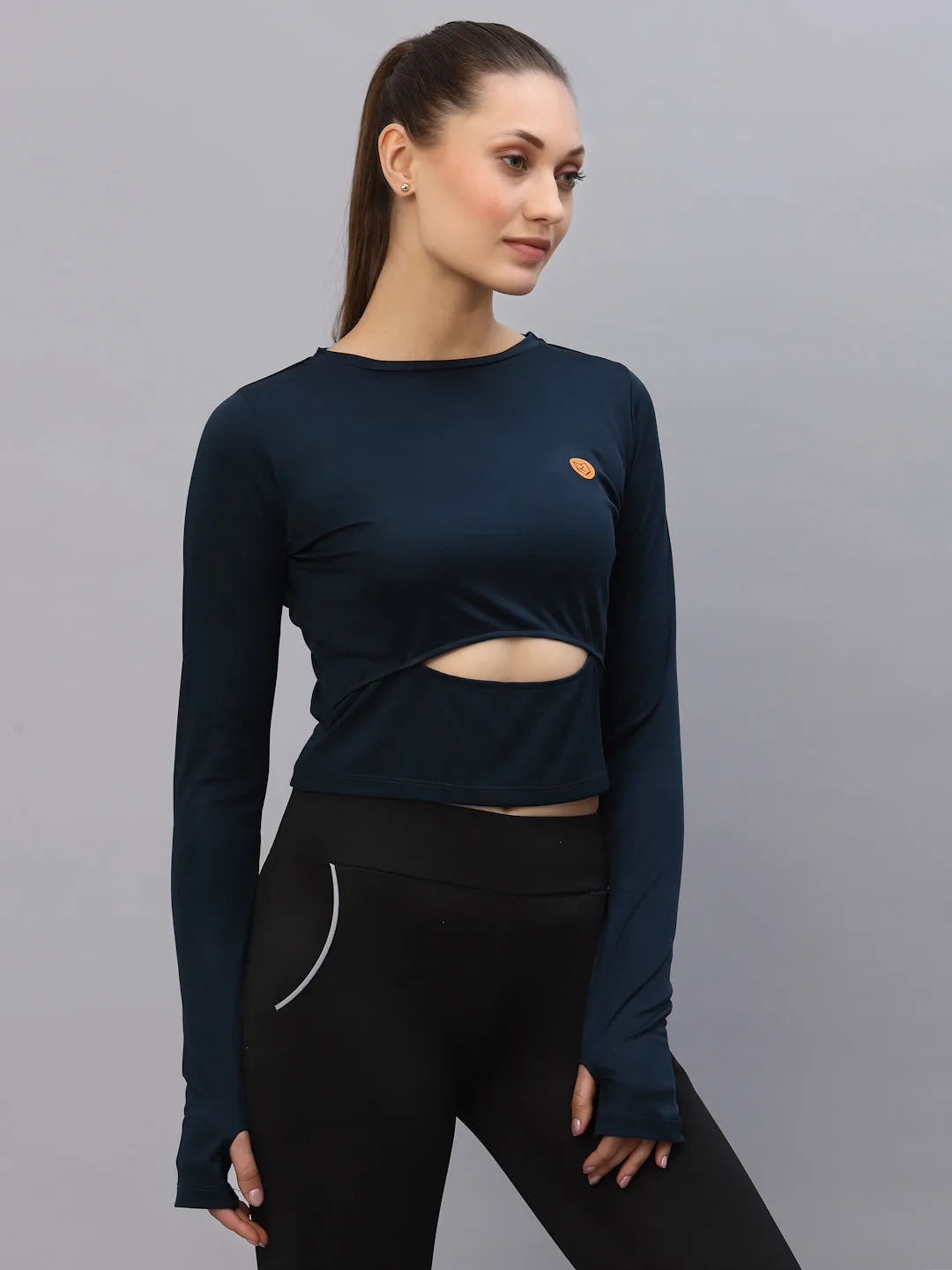 Blue Cut-Out Waist Round Neck Full Sleeve Activewear Crop Top