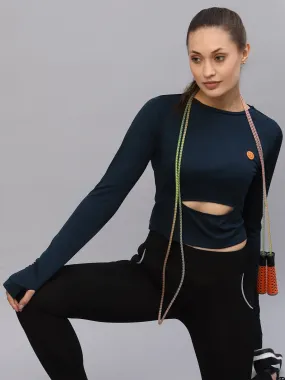 Blue Cut-Out Waist Round Neck Full Sleeve Activewear Crop Top