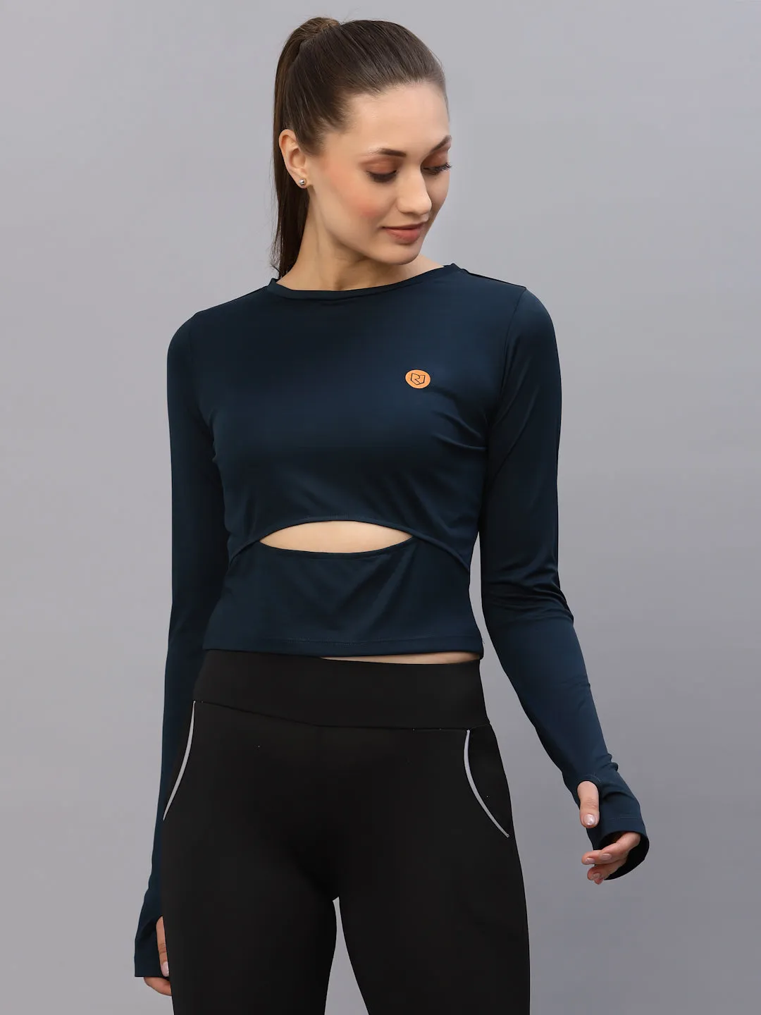 Blue Cut-Out Waist Round Neck Full Sleeve Activewear Crop Top