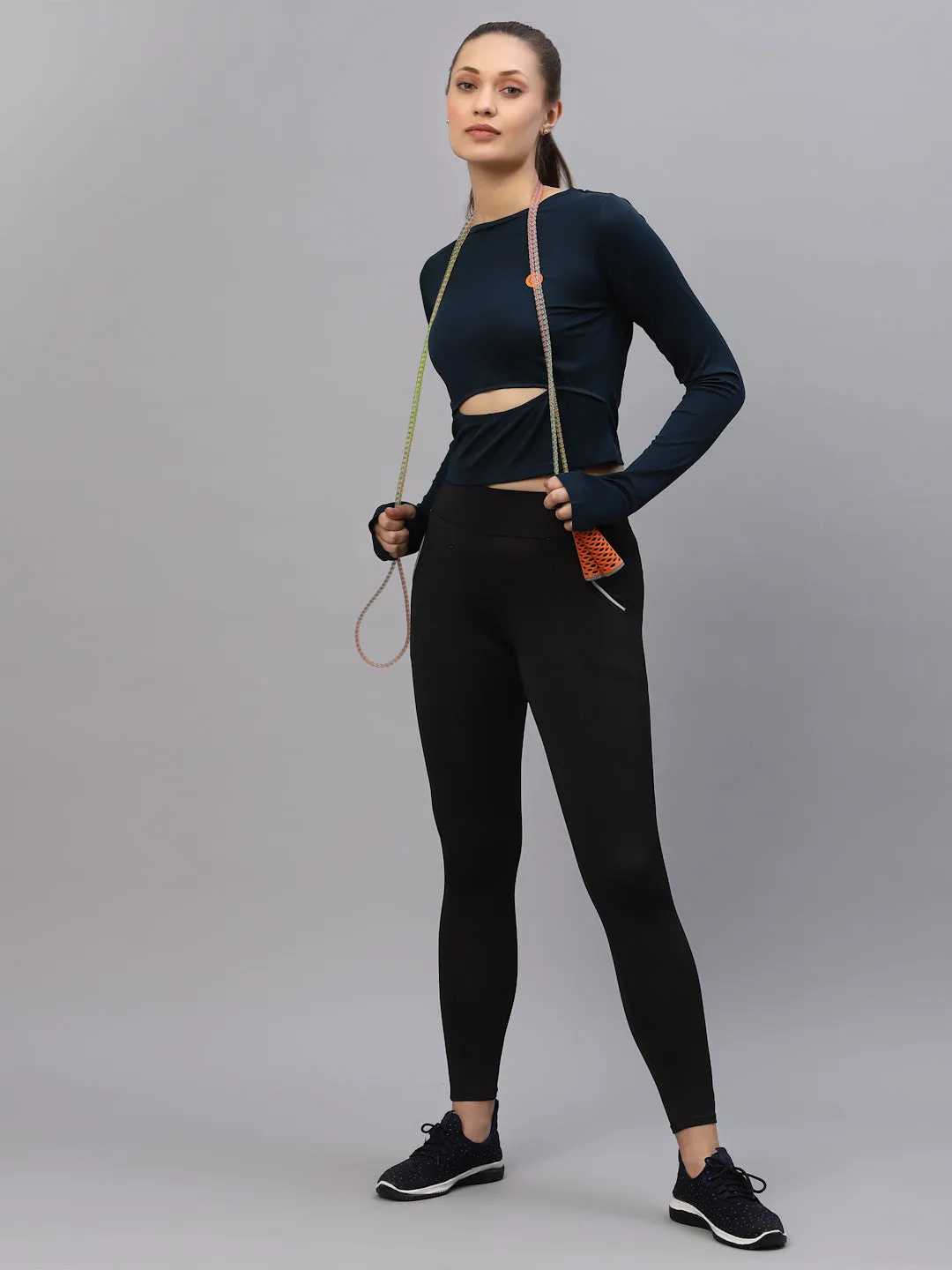 Blue Cut-Out Waist Round Neck Full Sleeve Activewear Crop Top