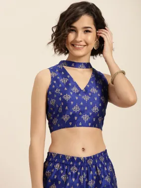 Blue Foil Print Choker Neck Top