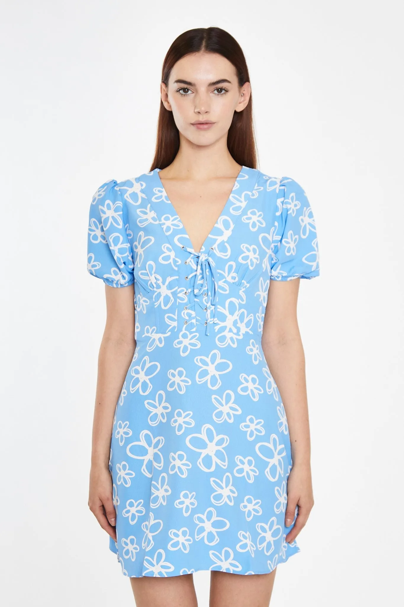 Blue Scribble-Daisy Lace-Up Front Mini-Dress