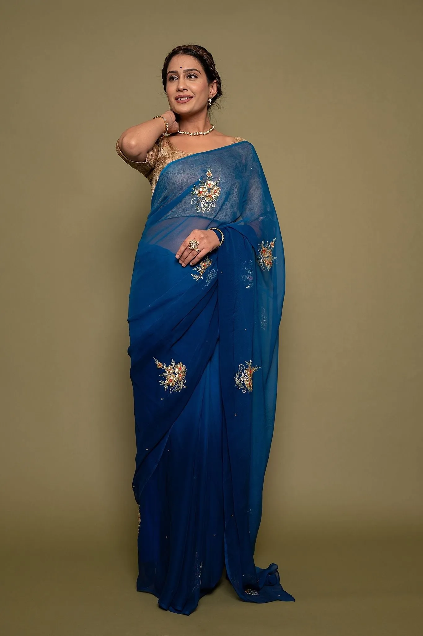 Blue Viscose Chiffon Butta Siquins Saree