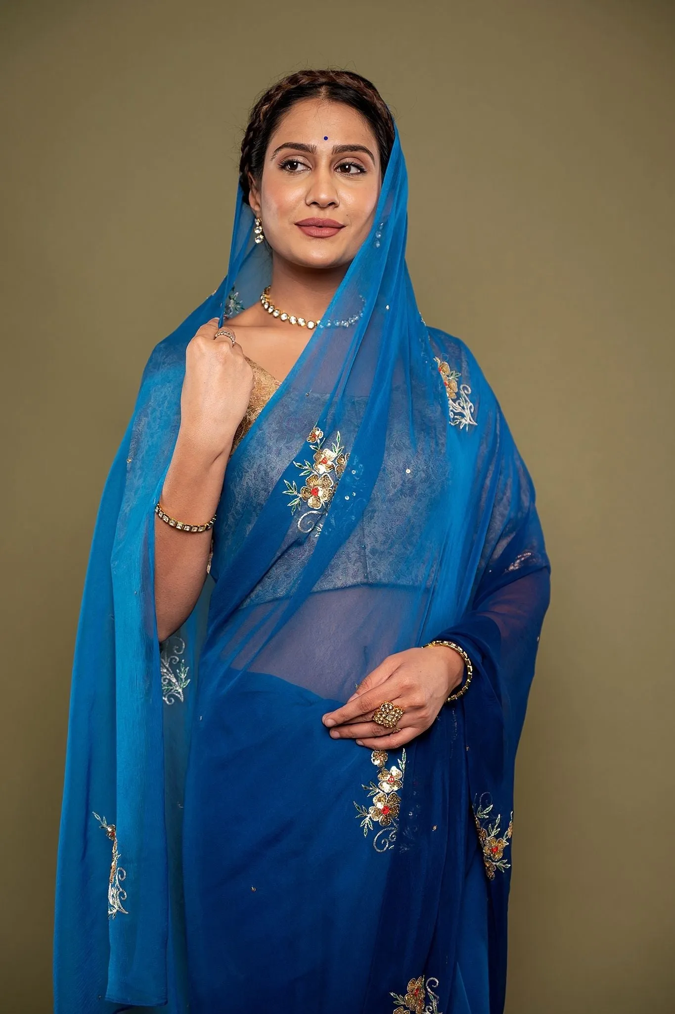 Blue Viscose Chiffon Butta Siquins Saree