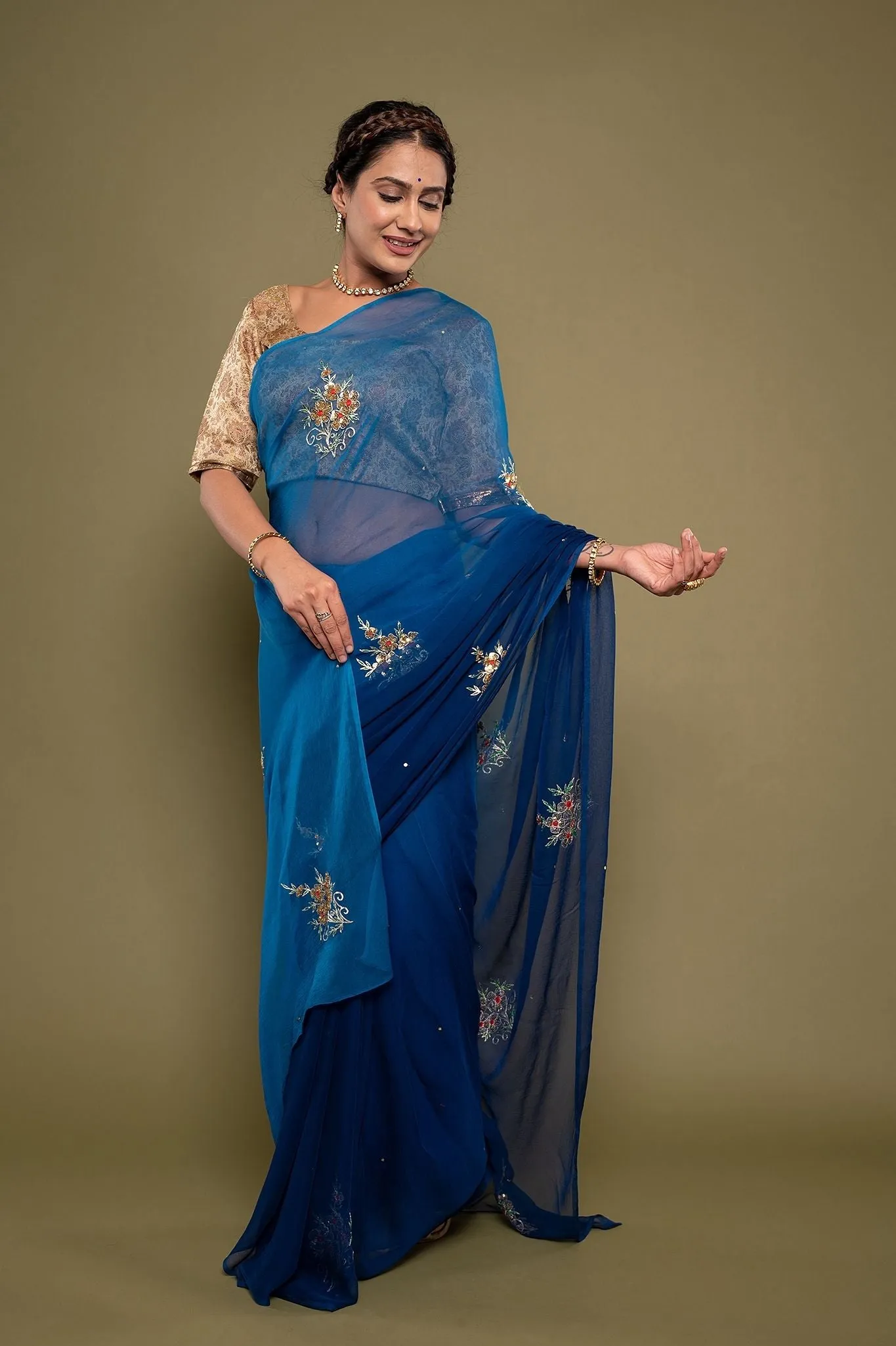 Blue Viscose Chiffon Butta Siquins Saree