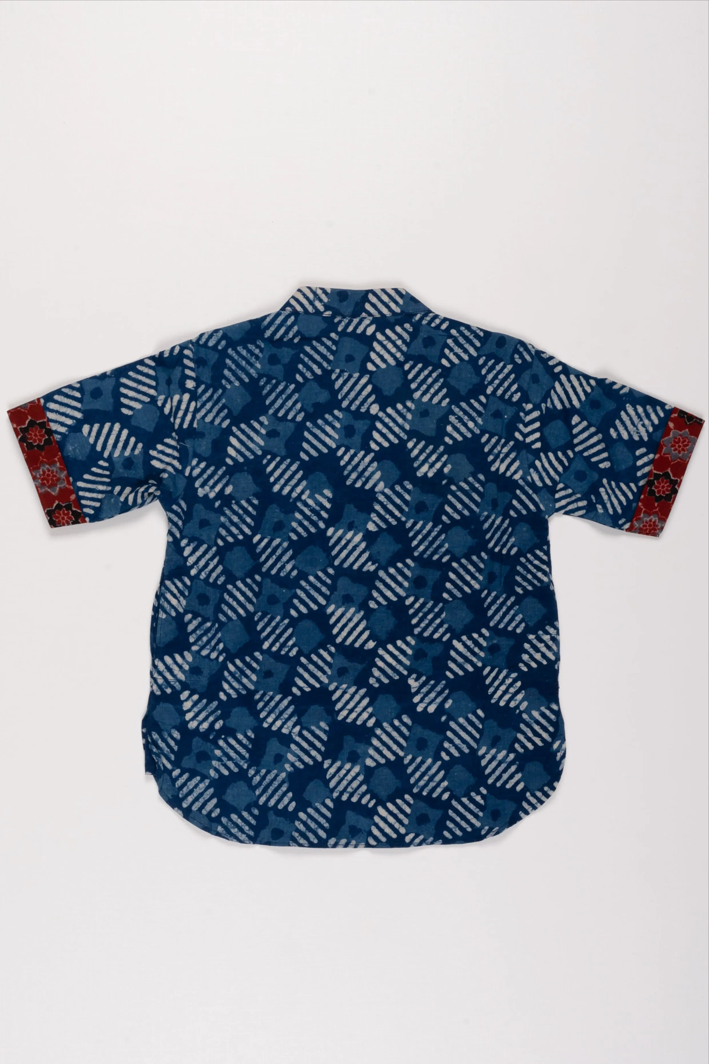 Boys Aesthetic Blue Cotton Shirt with Abstract Design and Unique Cuff Accents