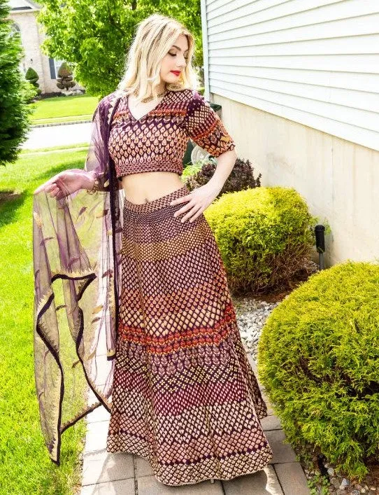 Brown Color Thread Embroidery Silk Lehenga - Rent