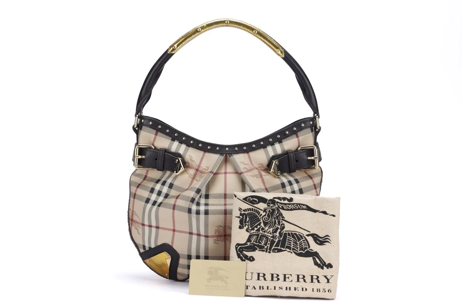 Burberry Monogram Hobo Bag, Check Canvas, Black Color Leather Trim