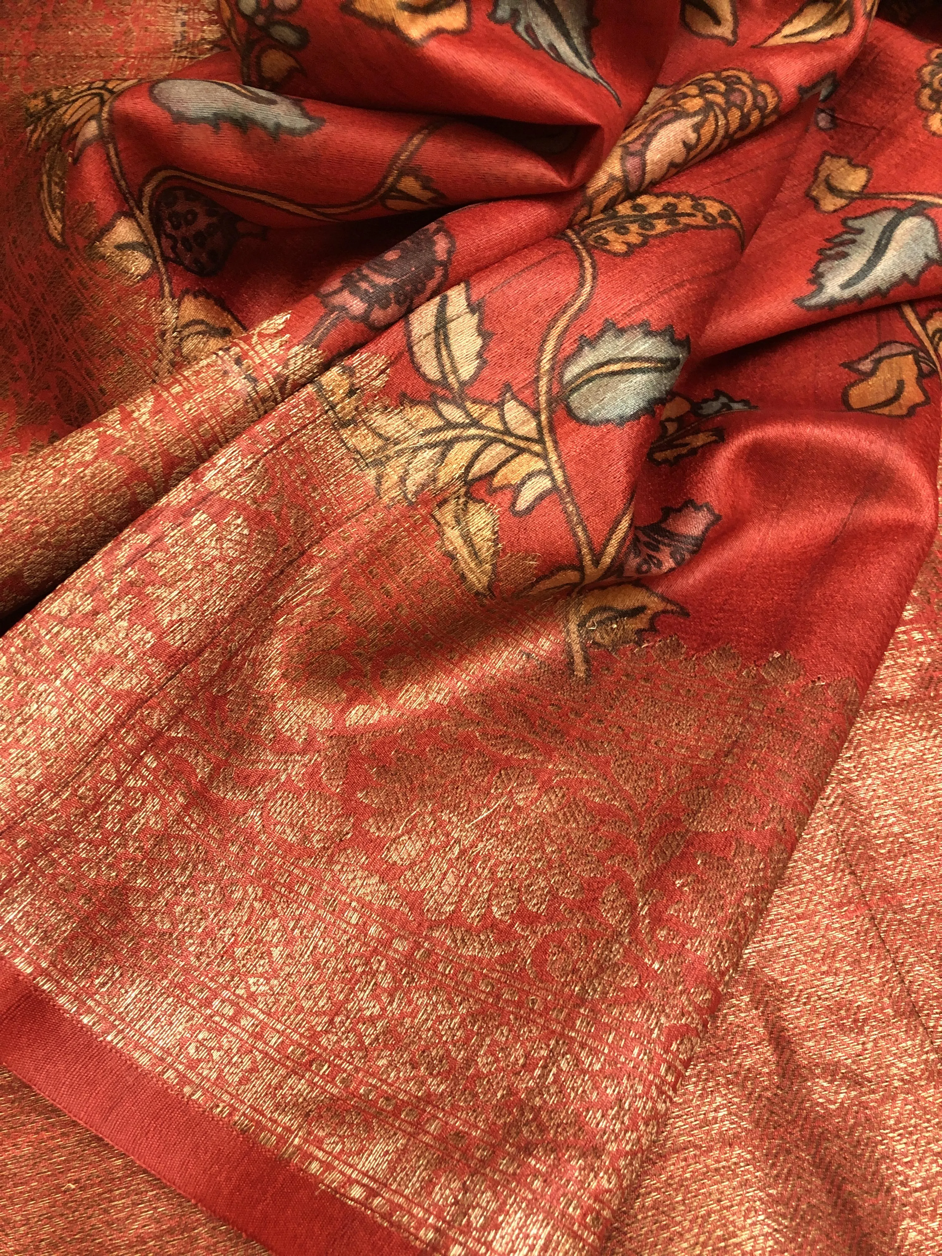 Burnt Sienna Red Color Tussar Banarasi with Kalamkari Work