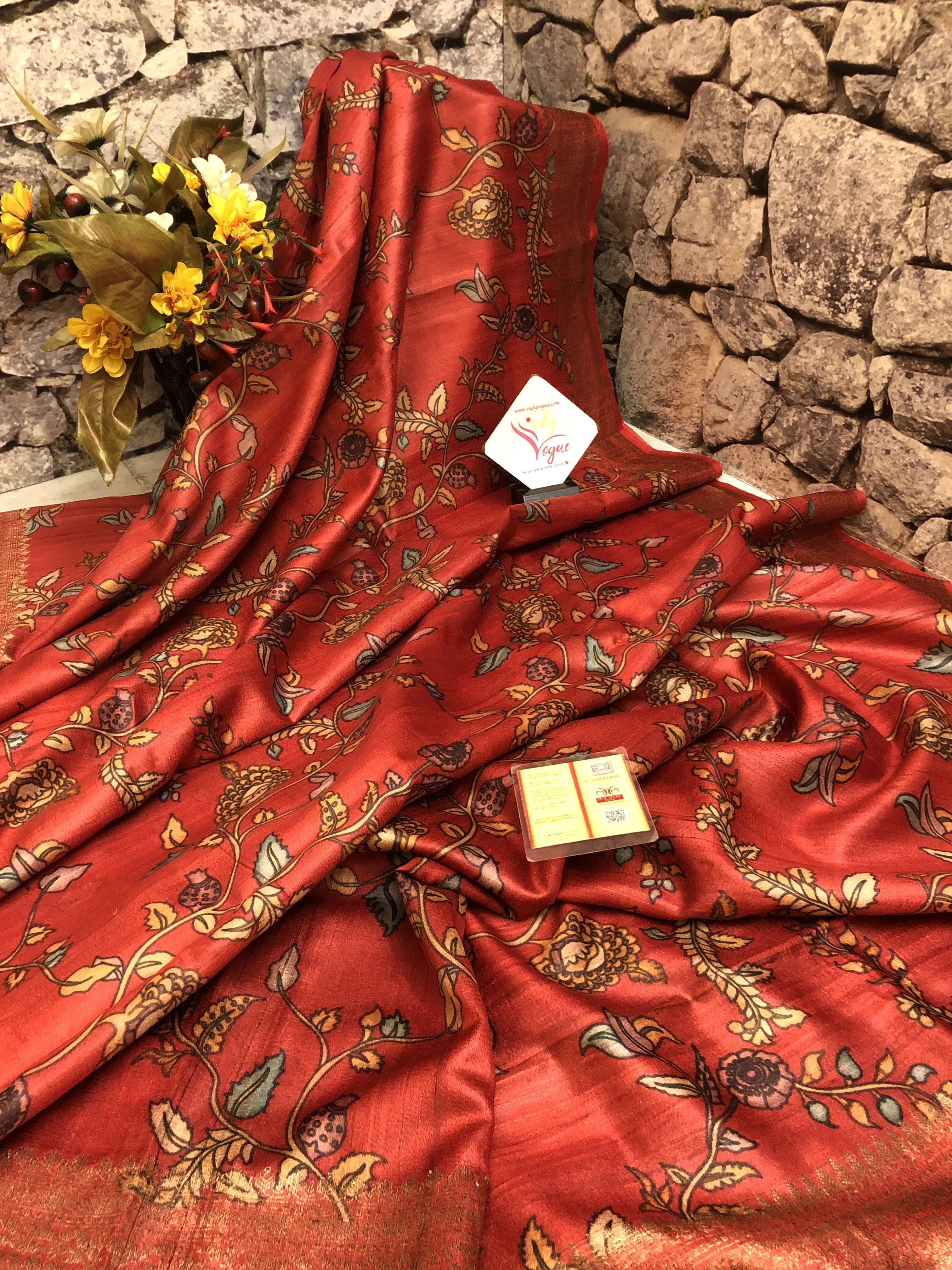 Burnt Sienna Red Color Tussar Banarasi with Kalamkari Work