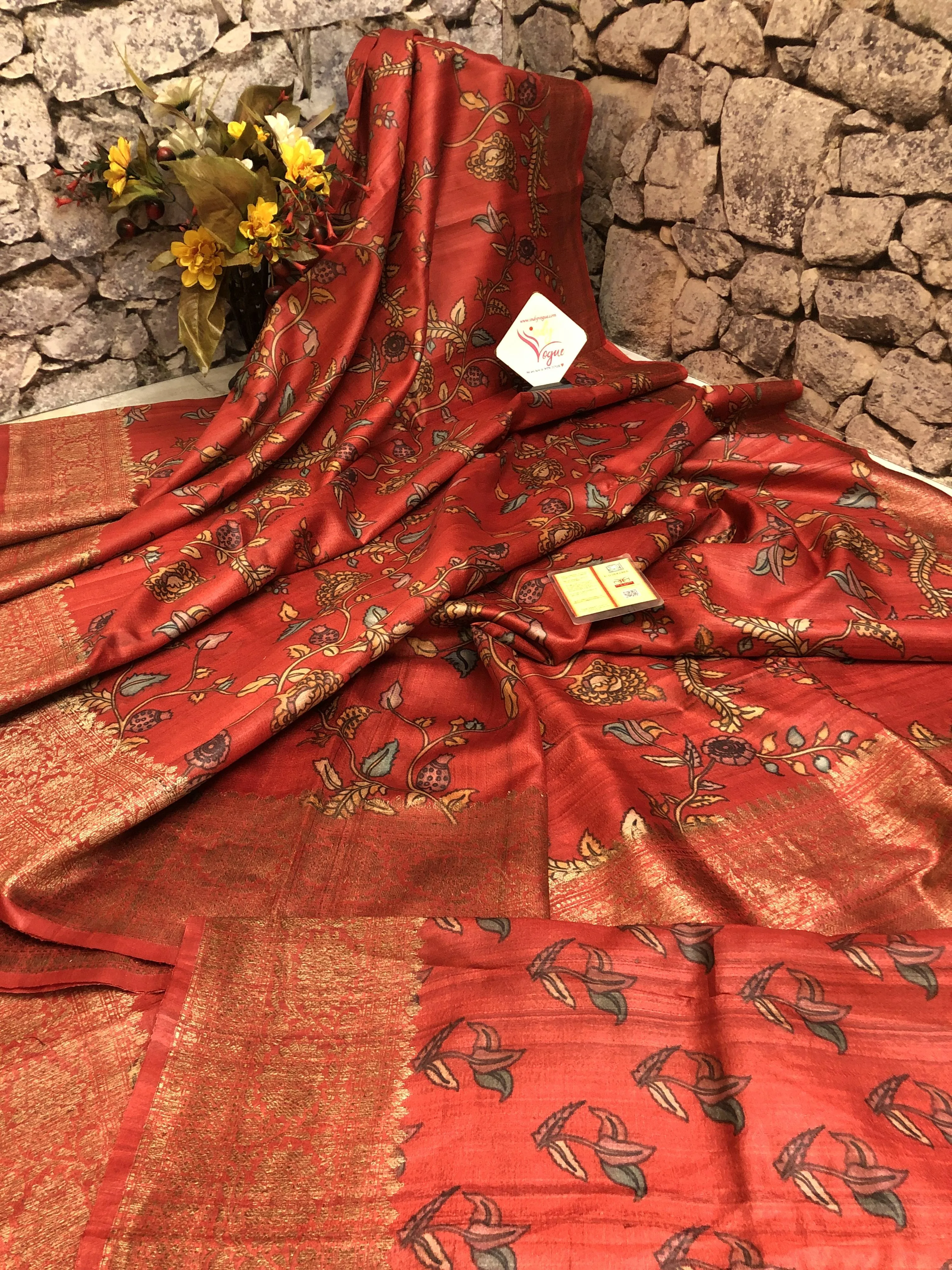 Burnt Sienna Red Color Tussar Banarasi with Kalamkari Work