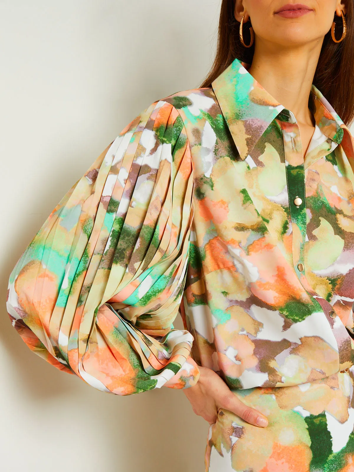 Button Front Blouse - Balloon Sleeve Watercolor Woven