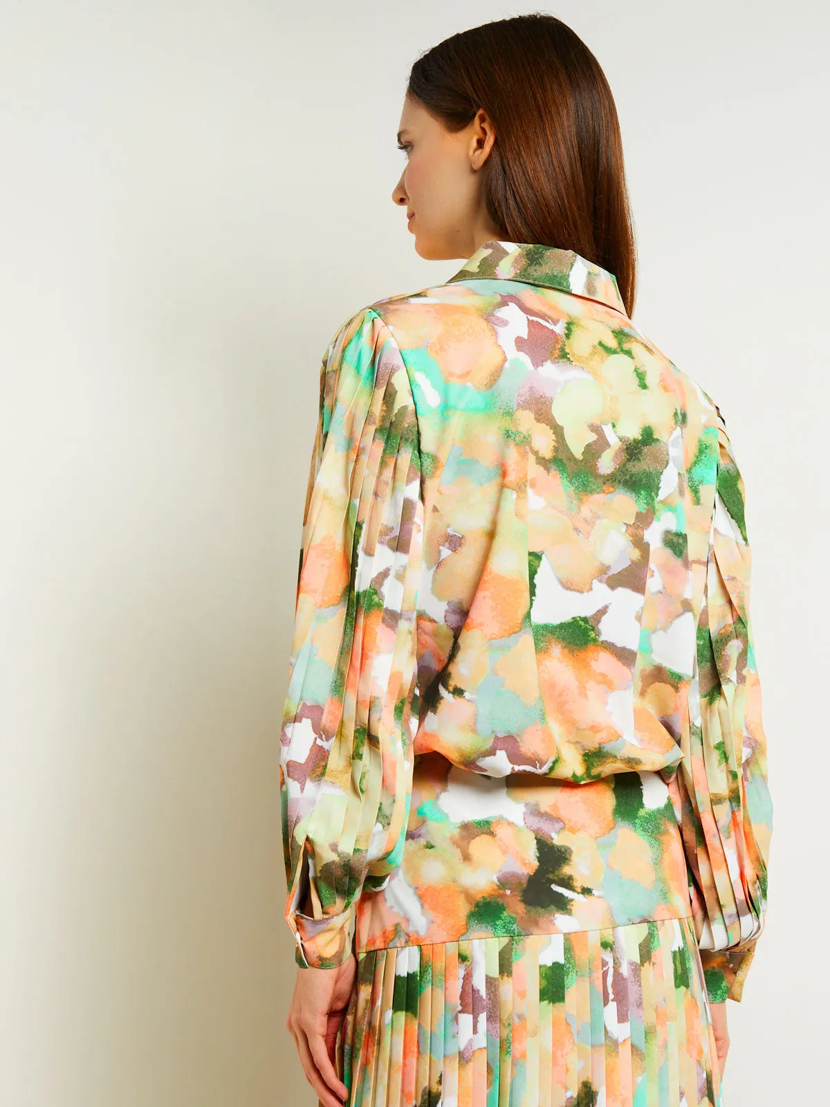 Button Front Blouse - Balloon Sleeve Watercolor Woven