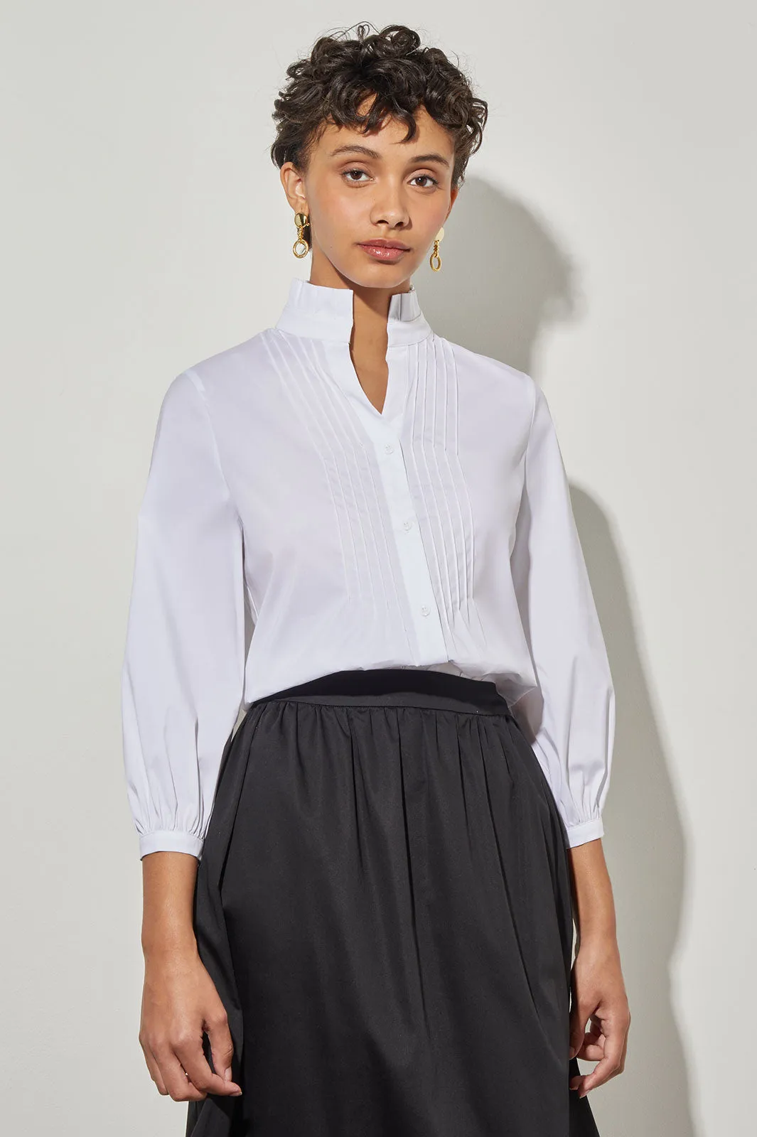 Button-Front Blouse - Pleated Cotton Blend