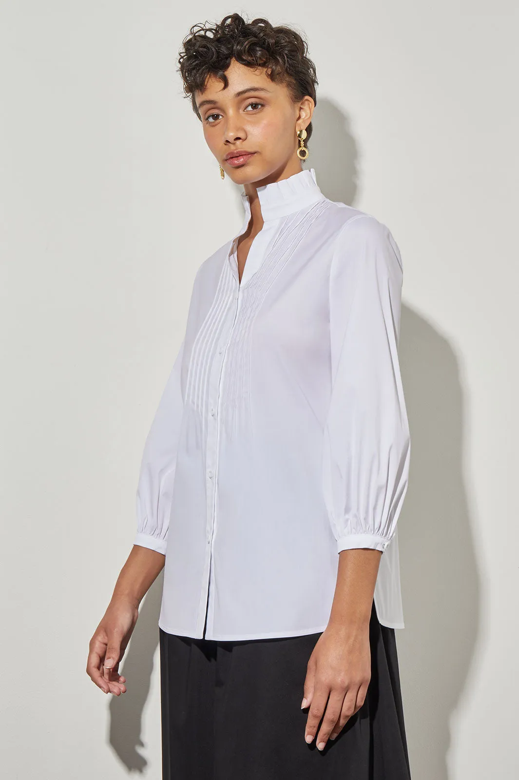 Button-Front Blouse - Pleated Cotton Blend