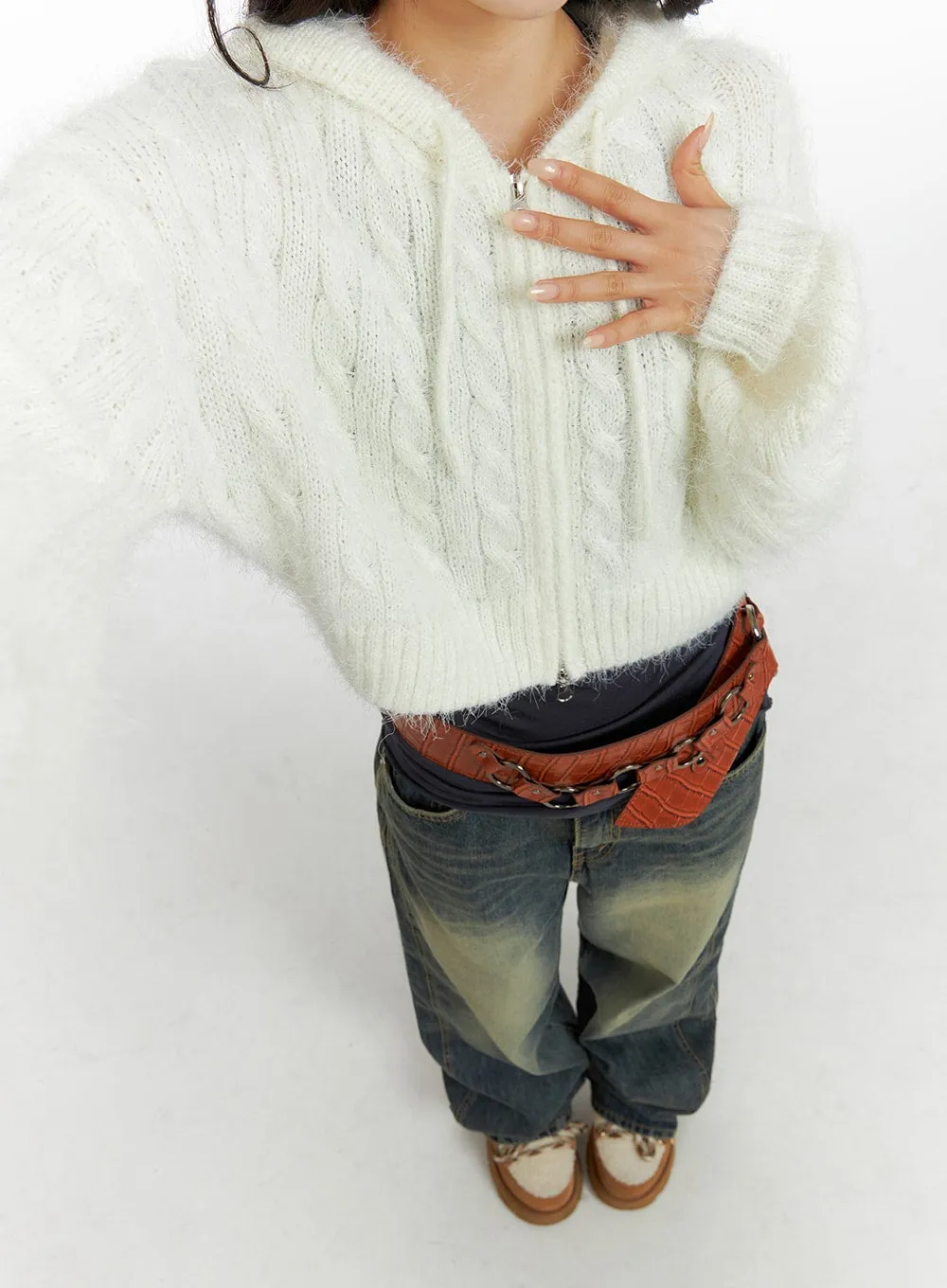 Cable Knit Zippered Hooded Cardigan CF416