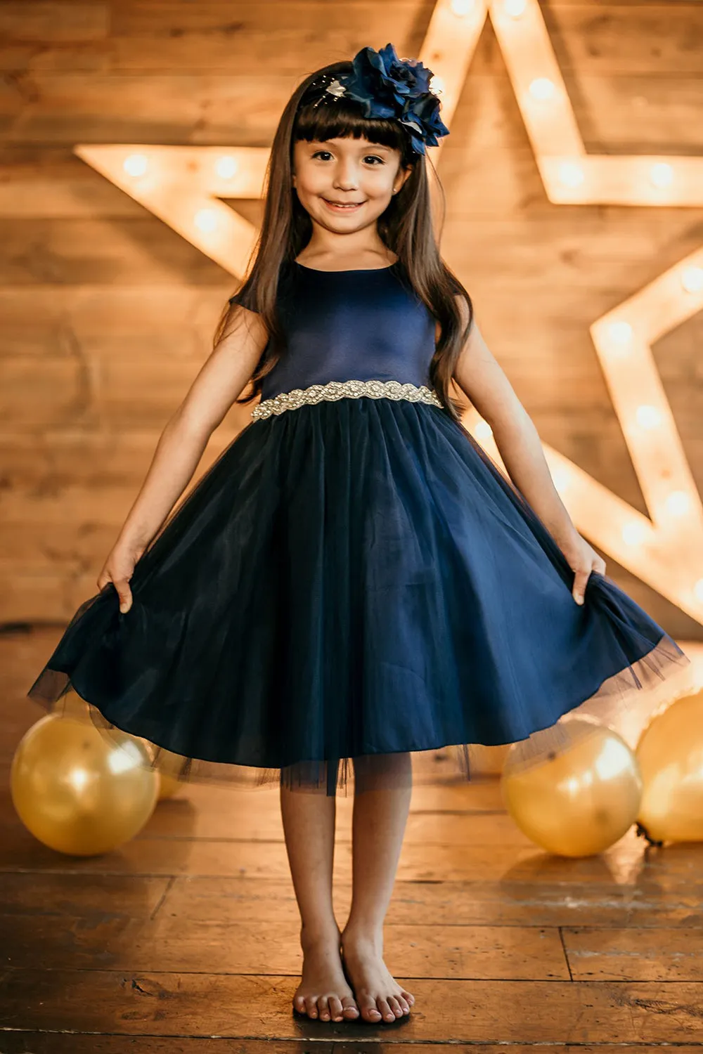 Capped Sleeve Satin & Tulle Girls Dress with Diamond Shaped Rhinestone Trim