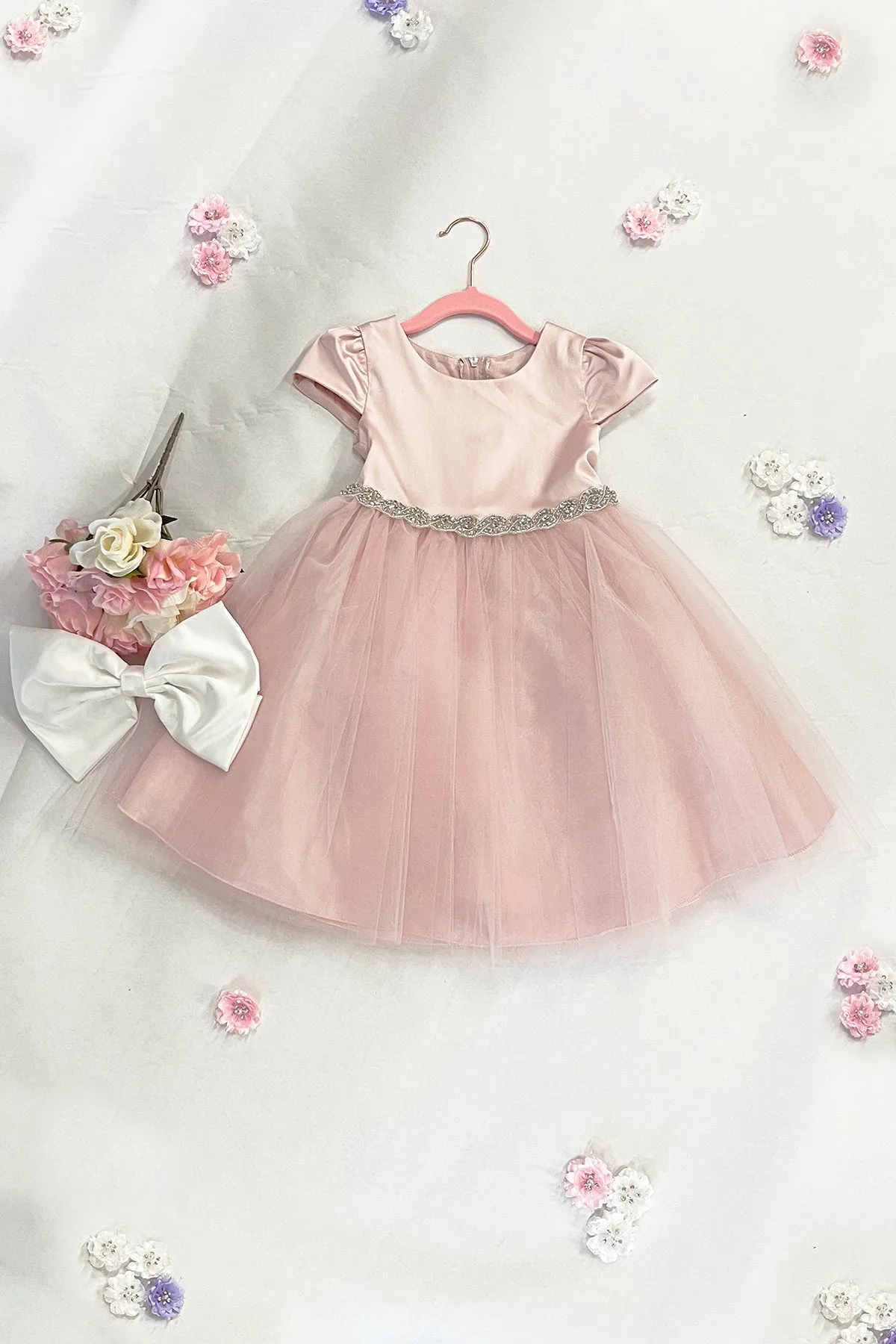 Capped Sleeve Satin & Tulle Girls Dress with Diamond Shaped Rhinestone Trim