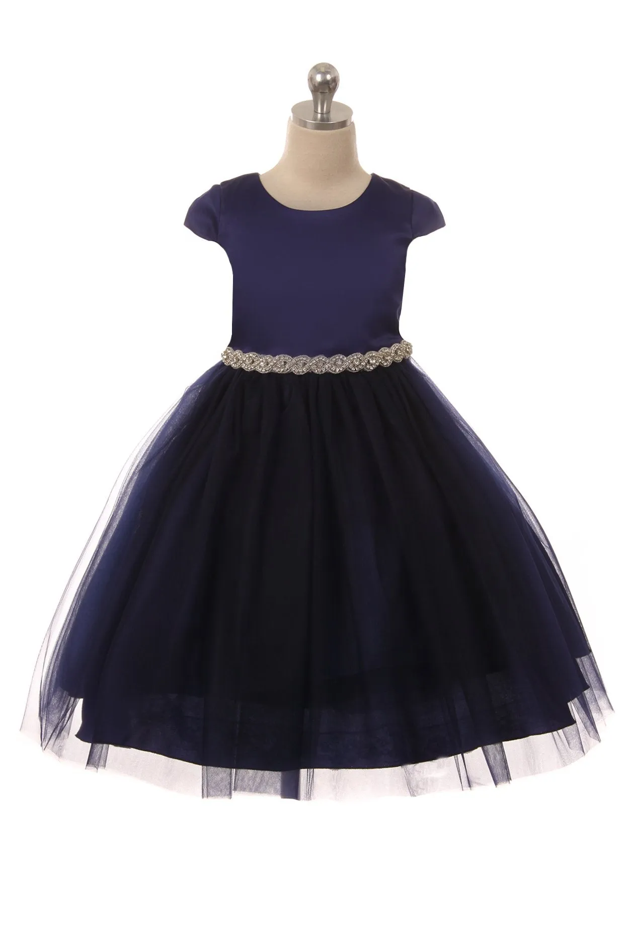 Capped Sleeve Satin & Tulle Girls Dress with Diamond Shaped Rhinestone Trim