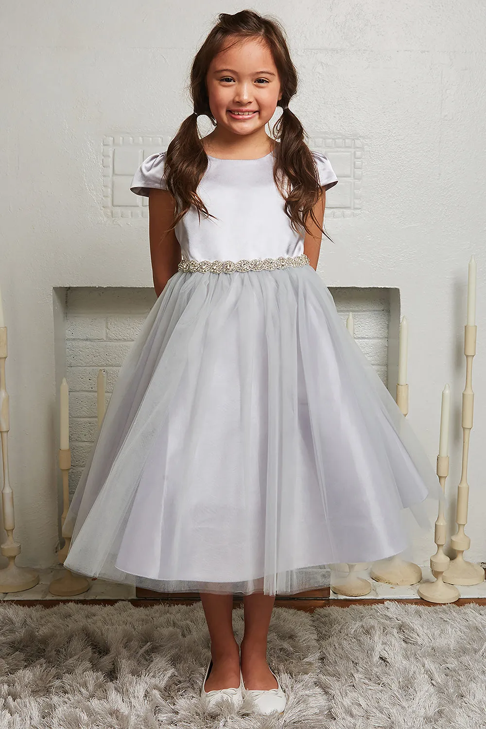 Capped Sleeve Satin & Tulle Girls Dress with Diamond Shaped Rhinestone Trim