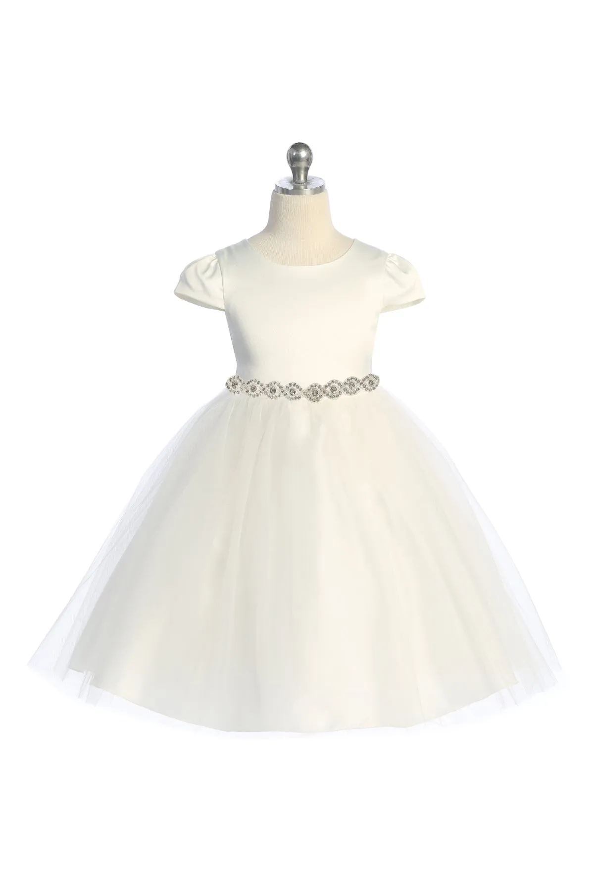 Capped Sleeve Satin & Tulle Girls Dress with Diamond Shaped Rhinestone Trim