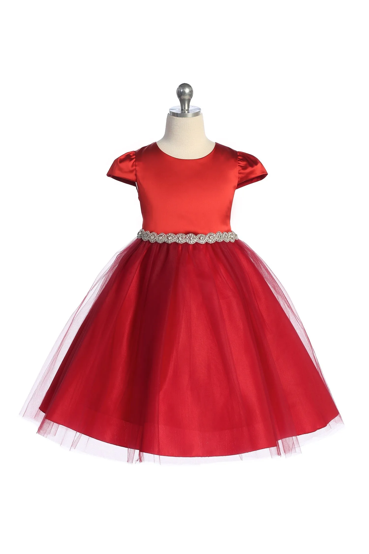 Capped Sleeve Satin & Tulle Girls Dress with Diamond Shaped Rhinestone Trim