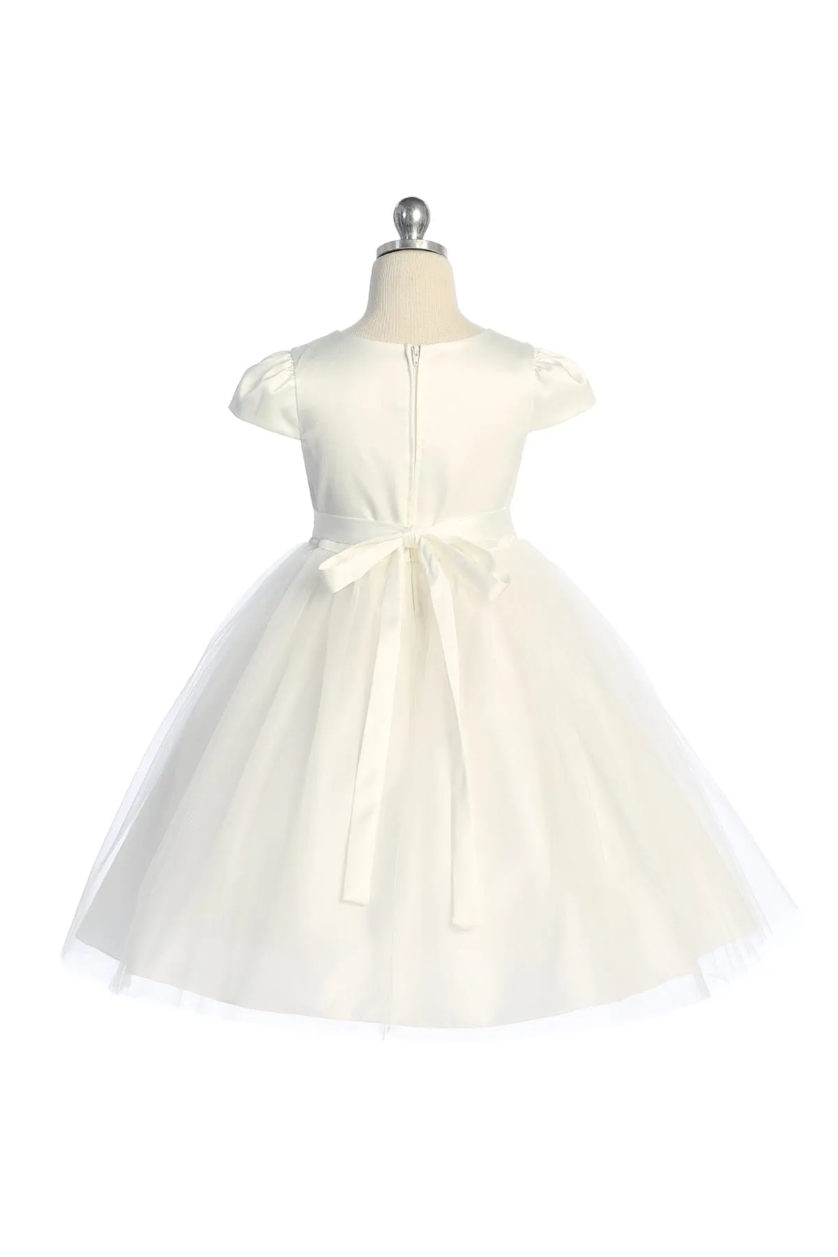 Capped Sleeve Satin & Tulle Girls Dress with Diamond Shaped Rhinestone Trim